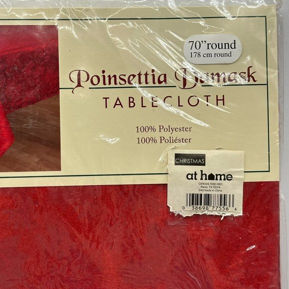 At Home Poinsettia Damask Tablecloth 70 Inch Round Red Table Linen Decor Holiday - Picture 2 of 7